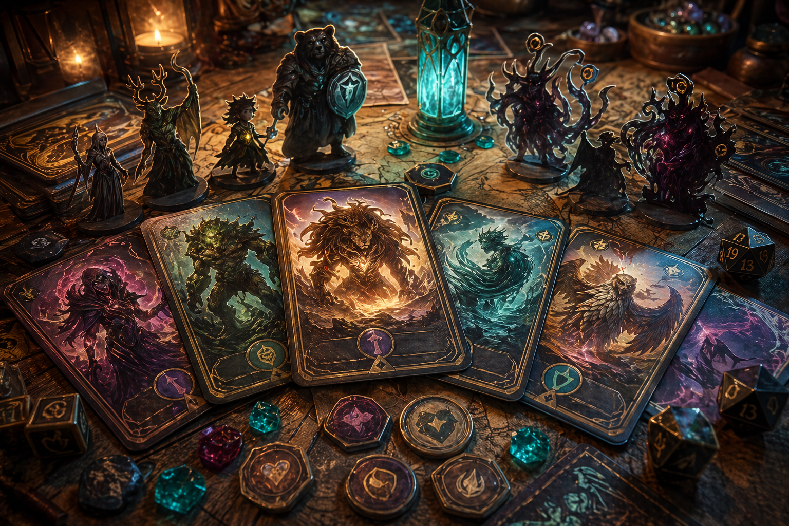 A cinematic tabletop spread representing the DiaFight universe