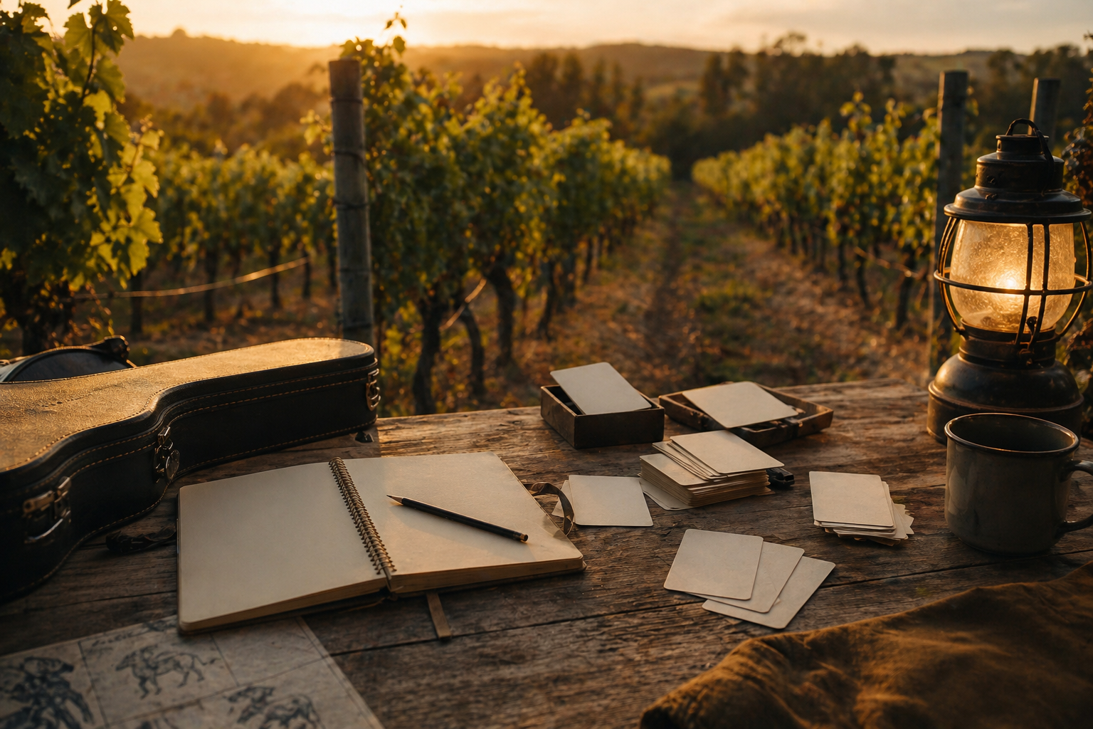 A vineyard work table representing Ryan's maker story